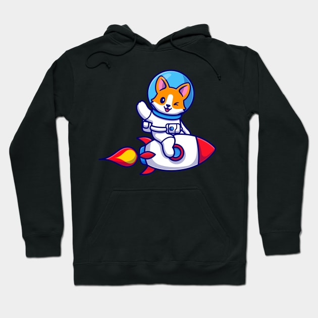 Cute Corgi Dog Astronaut Riding Rocket And Waving Hand Cartoon Hoodie by Catalyst Labs